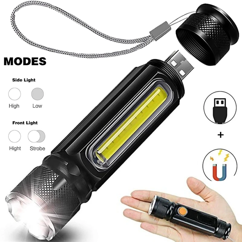 Mini Portable Cob Flashlight+LED Waterproof Torch Light Zoomable Flashlight with USB Rechargeable Light Work Lamp w/Magnetic