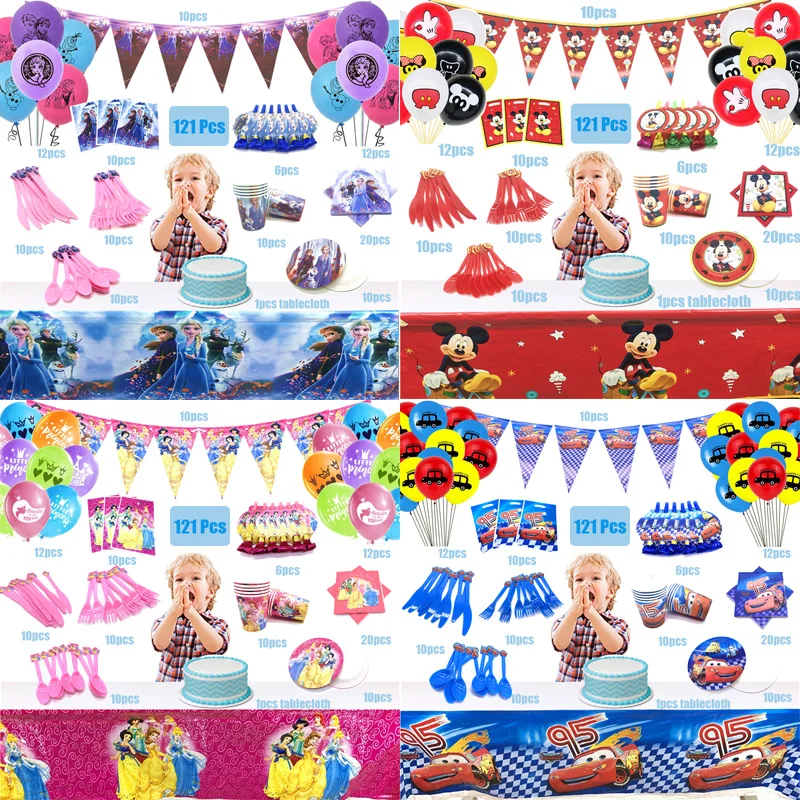

121pcs Frozen Sofia Cars Mickey Mouse Kids Happy Birthday Party Tableware Dispoable Cup Plate Baby Shower Balloons Party Decor
