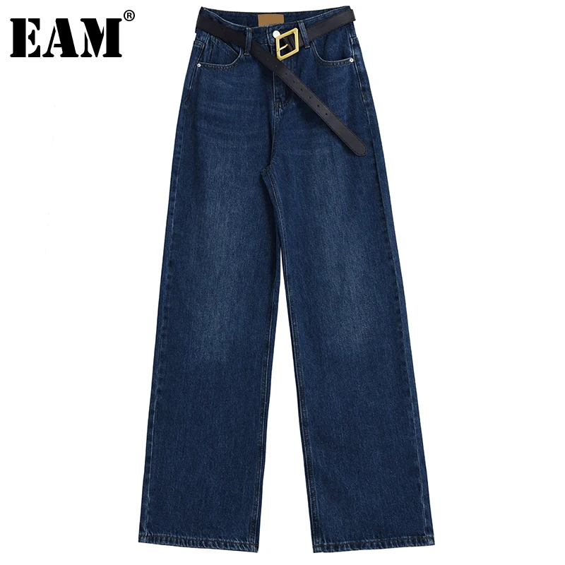 

[EAM] синие джинсы с высокой талией, Длинные повседневные джинсы с широкими штанинами, новые свободные женские брюки, модные демисезонные 2021 ...