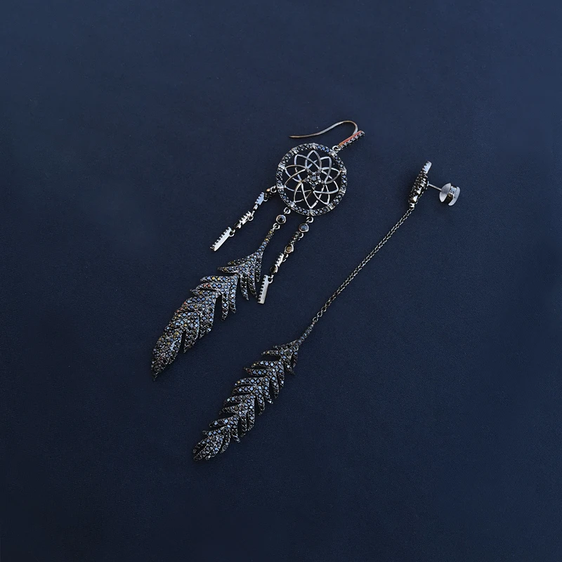 

Asymmetric Mysterious Black Dream Catcher Luxury Earring S925 Sterling Silver Earring Personality Feather Long Earring Jewelry