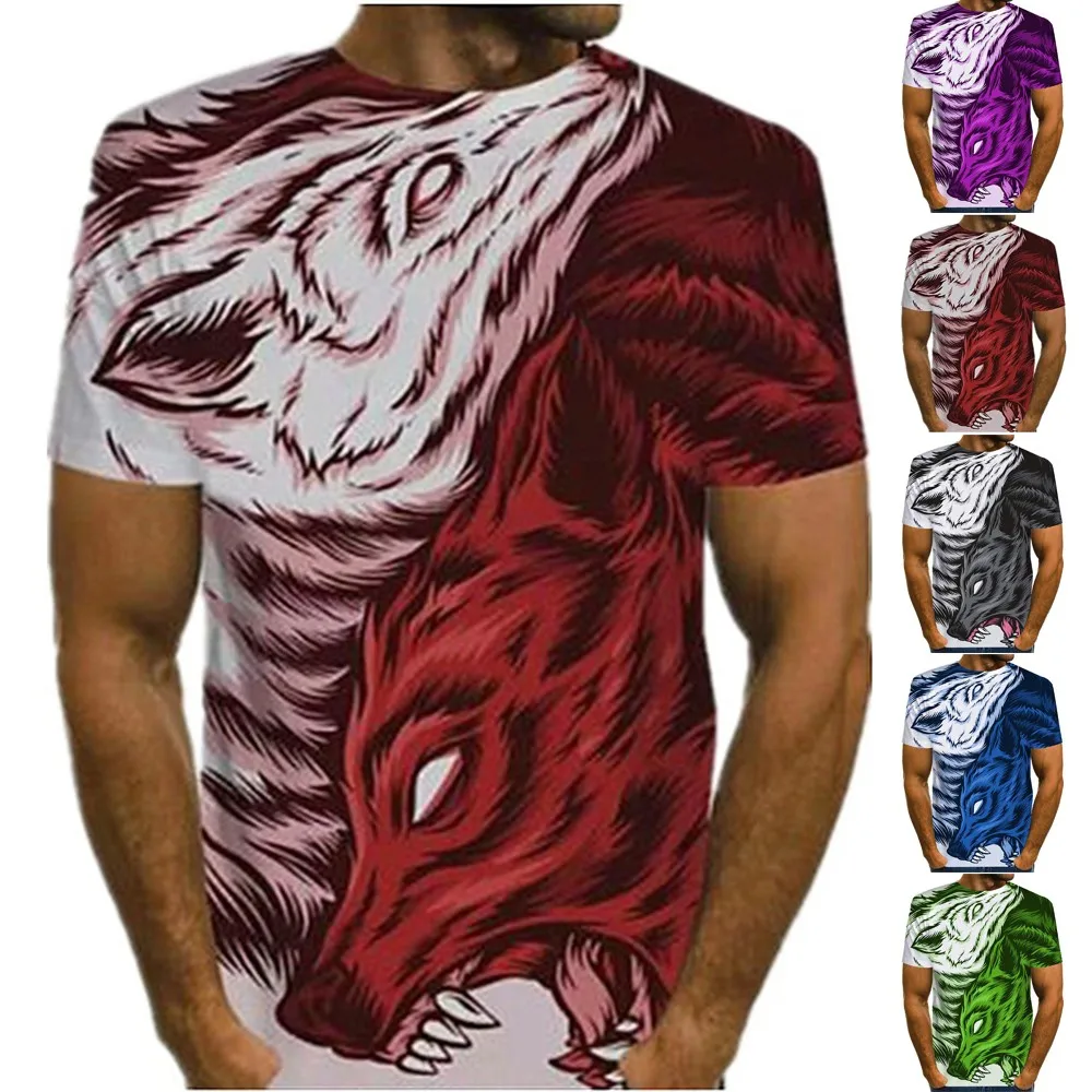 

2021 Summer Male Fashion T-shirt Wolf 3D Print Animal Cool Funny T-Shirt Men Short Sleeve Tops Male