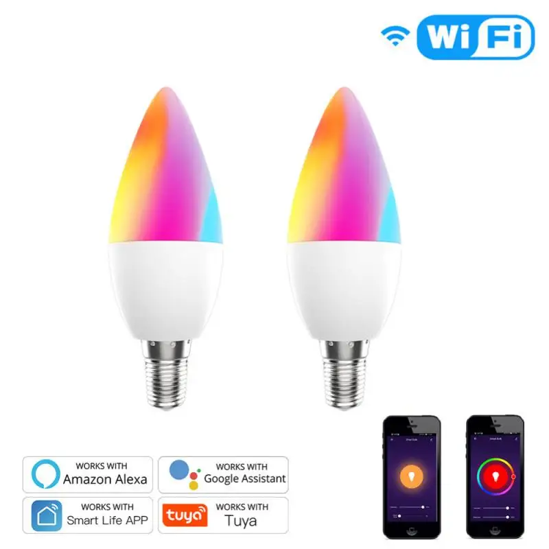 

E14 Smart WiFi Light Bulb 5W RGB+W+C Dimmable LED Lamp 5W Tuya LED Lights Smart WiFi Candle Bulb Household Atmosphere Light HOT!