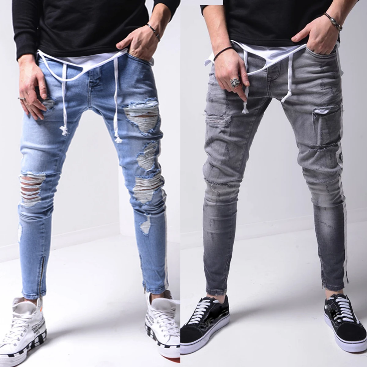

Men Jeans Pants Fashion male Drawstring Hole cozy Street Slim Casual Pants Full Length Pencil pants Trousers Hot 2020