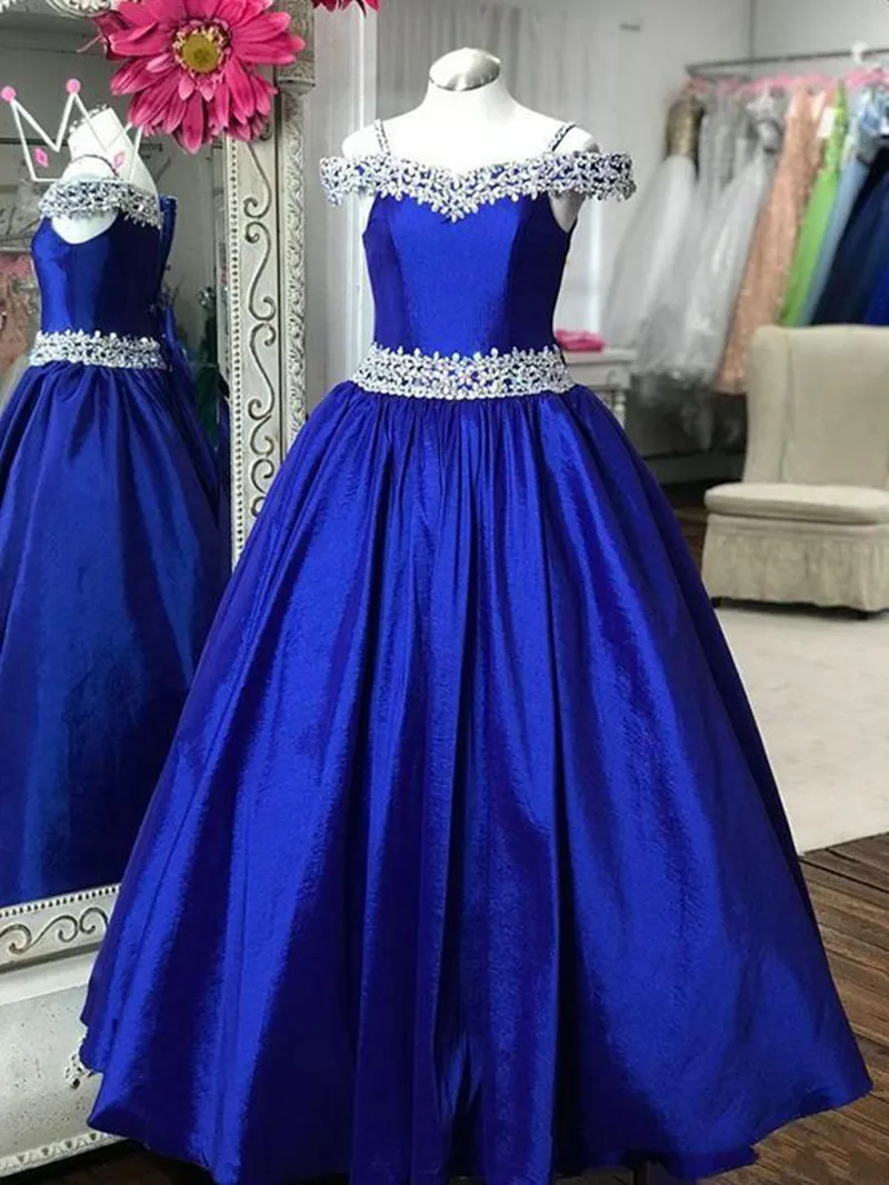 

Vintage Royal Blue Satin Pageant Kids Dress for Party Cold Shoulder Long Flower Girls Dresses for Weddings Communion Vestidos