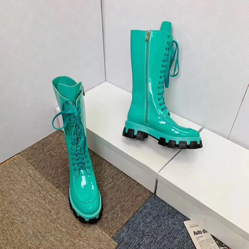 Buono Scarpe/женские ботинки средней высоты на толстой подошве; ботинки в жокейском стиле с перекрестной шнуровкой; Botas Fenimina; женские ботинки черного цвета на платформе в стиле панк - Цвет: light blue