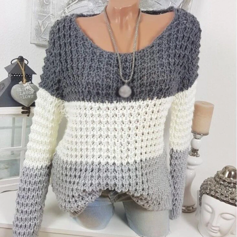 

New Women Autumn Long Sleeve Sweater Loose Fashion Patchwork O-neck Sweater Winter Pullover Sexy Tops S-3XL Female Top Jumper