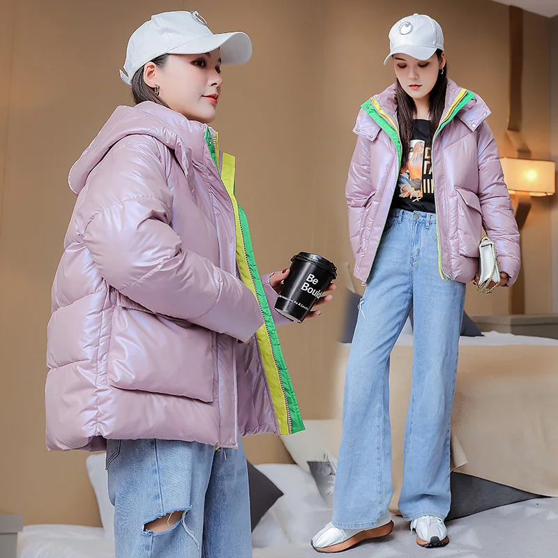 2021 New Short Winter Jacket Women Glossy Down Cotton Coat Fashion Color Contrast Loose Hooded Padded Women Winter Jacket Parkas