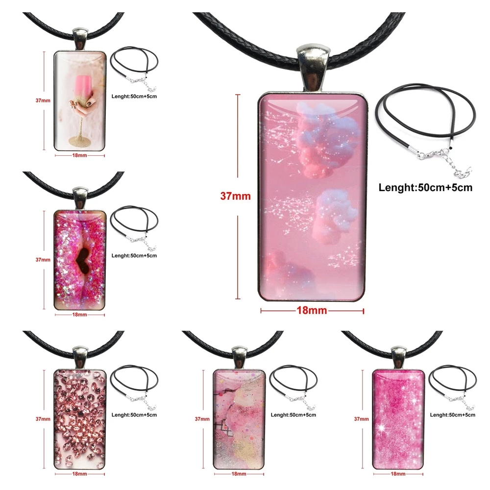 For Junior For Women Glitter Believe In Pink Vintage Jewelry Steel Color Glass Cabochon Choker Pendant Long Rectangle Necklace