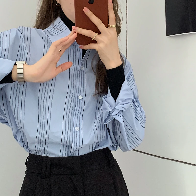 

OL Elegant Lapel Basic Striped Shirt Women New Spring Autumn Formal Work Wear Blouses Loose OL Long Sleeve Female Tops