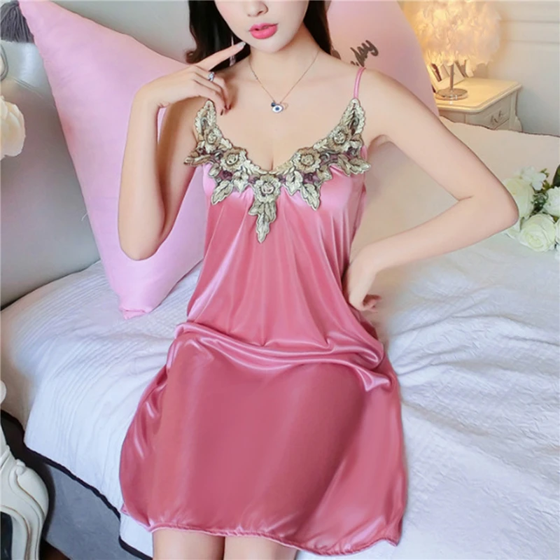 

Summer New Satin Women Nightgown Lace Intimate Lingerie Casual Suspender Skirt Sleepwear Nightie Sexy Nightdress Homewear