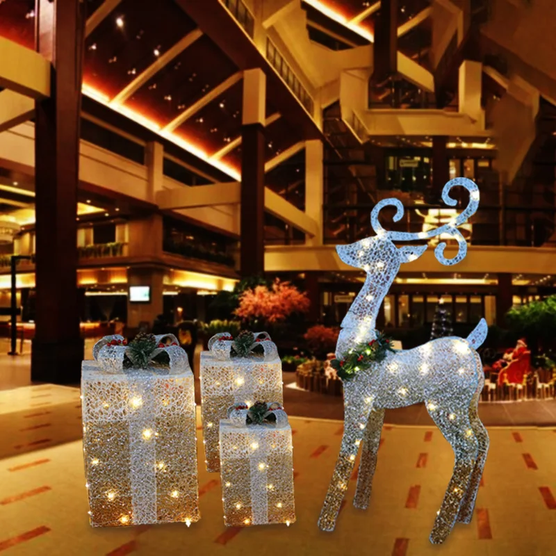 

Рождественские украшения, подсветка из кованого железа, Подарочная коробка с рождественским оленем, украшения из трех частей под рождественскую елку