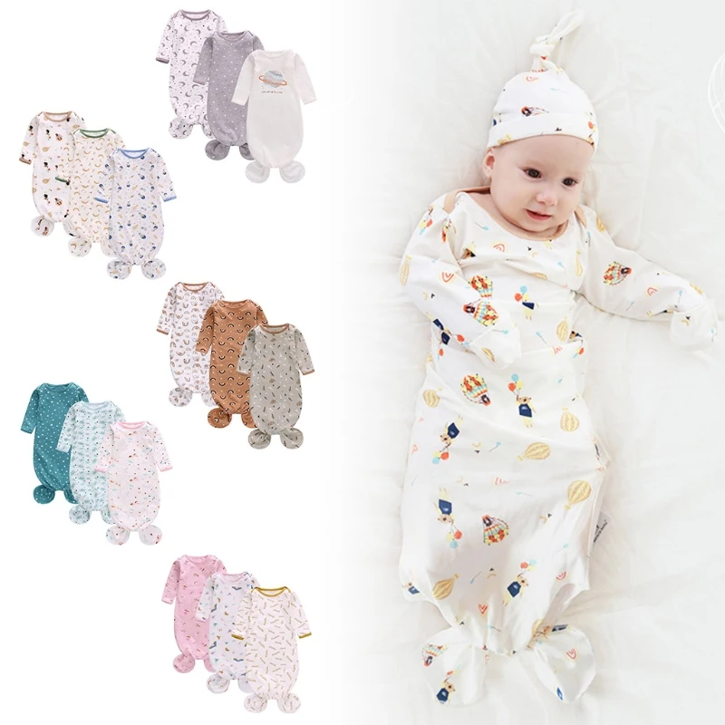

3 Pcs/Set Infant Baby Knotted Sleep Gown Soft Knitted Cotton Sleepwear Romper