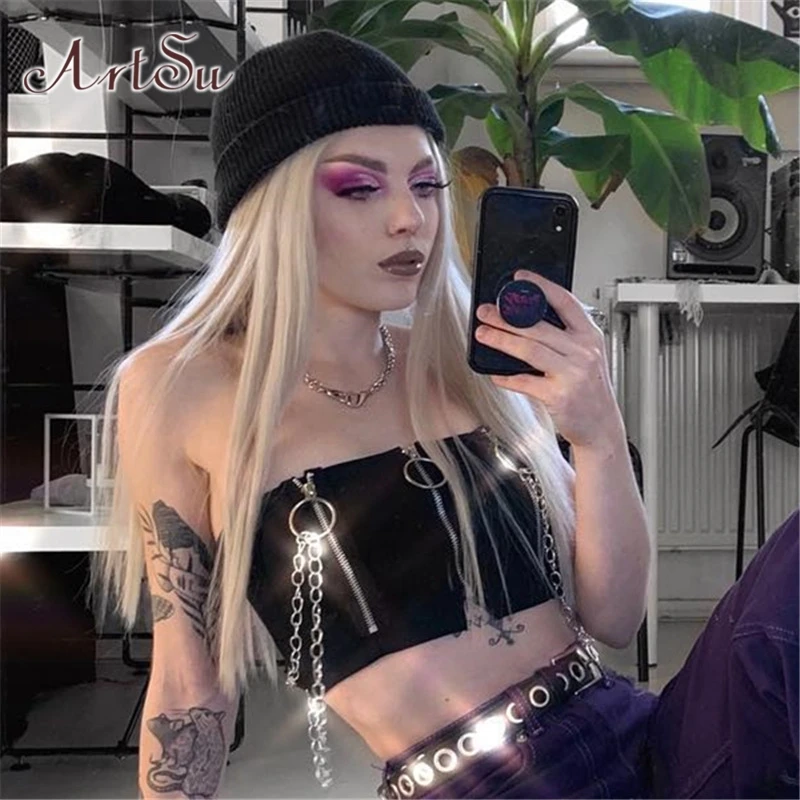 Кроп топ на молнии ArtSu ASVE20953 в стиле панк/готика пикантный бюстгальтер с цепочками