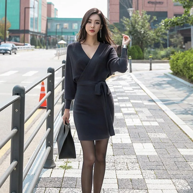 Женское облегающее платье с длинным рукавом и V образным вырезом|Женские платья| |