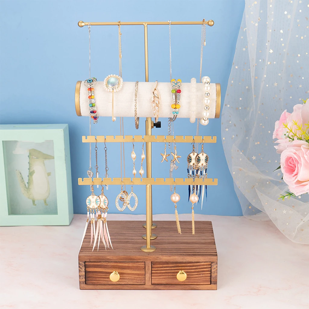 3 Tier Jewelry Stand Tower with Wooden Drawer for Earring Necklace Pendant Display Stand Jewelry Organizer Holder Showcase