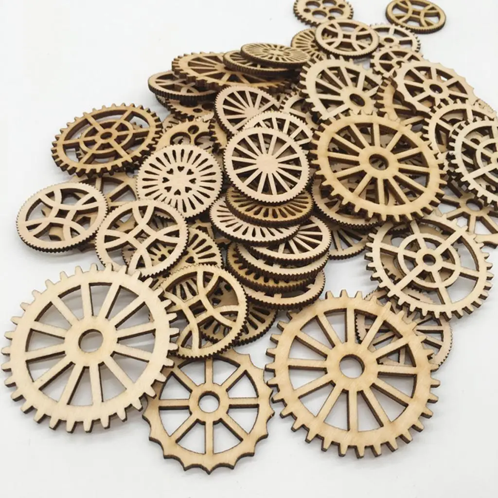 

100pcs Mixed Hollow Gear Unfinished Wood Pieces Wood Hanging Embellishments