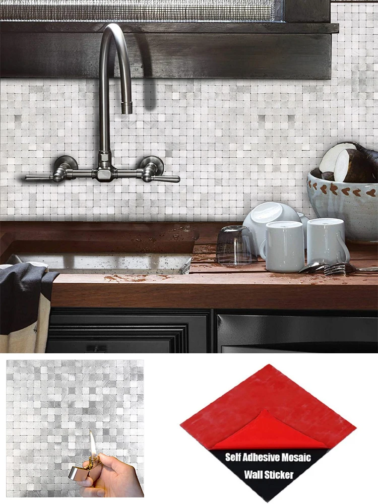 

Peel and Stick Tile Backsplash Wall Sticker for Kitchen Wall Decor Aluminum Surface Self Adhesive Metal Tile for DIY Home Decor