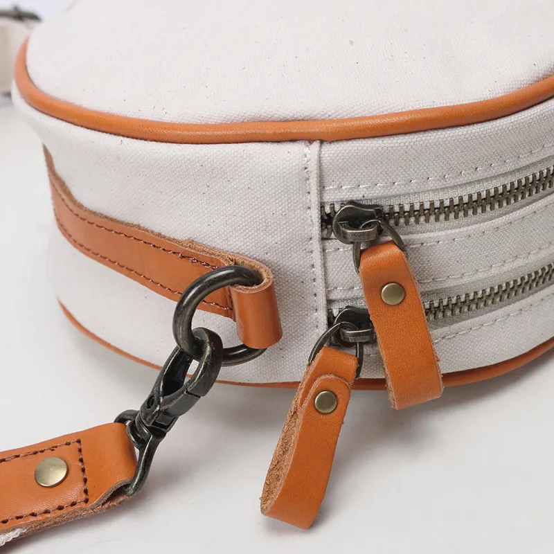 Original Cotton Canvas Circular Crossbody Bag Women's Bags Vintage Casual Cowhide Shoulder Small Round Bag Fashion Travel Purses