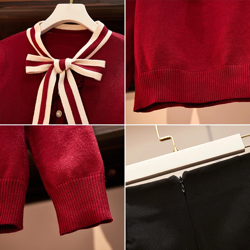 

Fall 2020 Clothing Set New Knitting Sweater Skirts Two-Piece Outfit Women Bow Top A Line Skirt Student Vogue Girl Lady Leisure