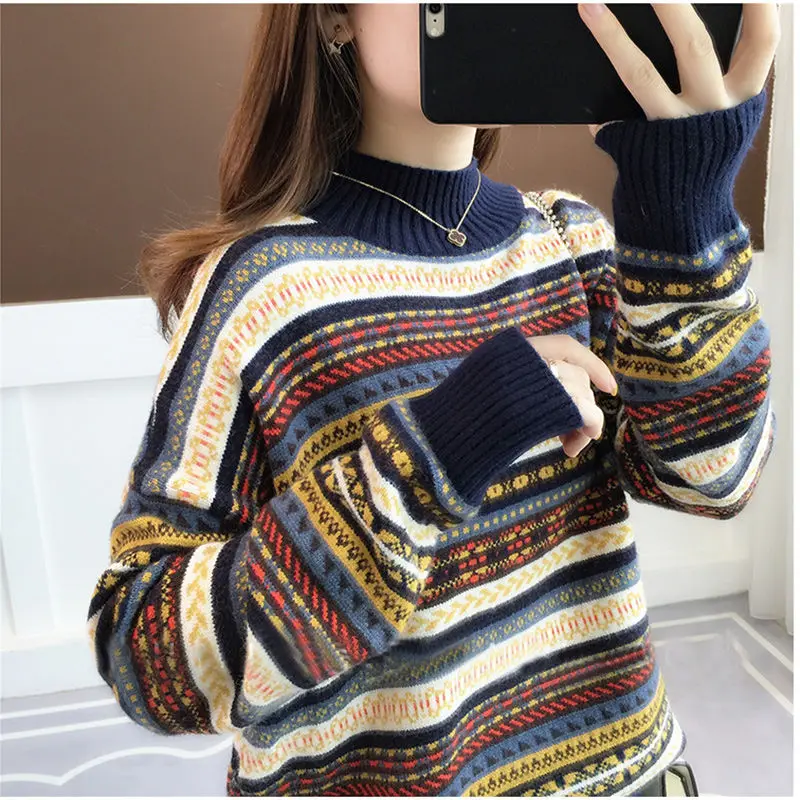 Striped sweater women's crew neck fall / winter 2020 new color large size loose long sleeve short T-shirt bottom |