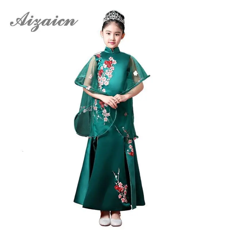 Cheongsam/зеленое вечернее платье русалки для девочек с шалью Qipao свадебное подиум