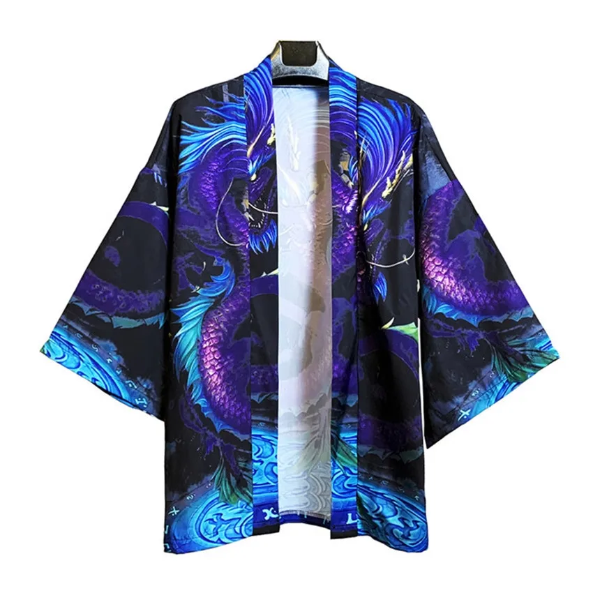 

Male Samurai Costume Japanese Kimono Cardigan Men Haori Yukata Clothing Casual Jacket Mens Dragon Print Loose Shirt Streetwear