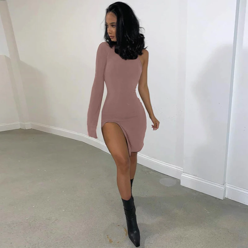 

Mos Summer Women's Dress 2021 New Mini Sexy One Shoulder Long Sleeves Tight-Fitting High Split Party Club Autumn Dresses Y2k