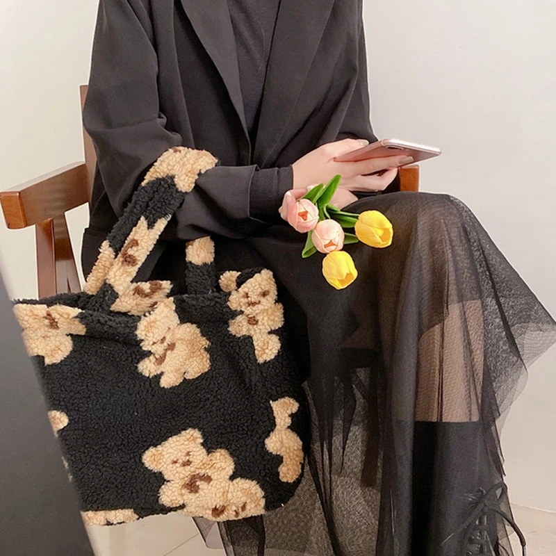 

Tote Bag Small Plush Bags Fluffy Fur Bear Handbags Soft Girls Cute Canvas Purses