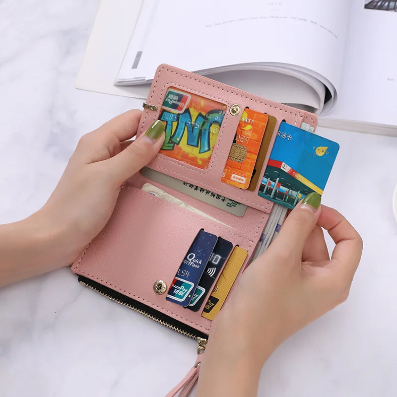 

Women's Wallet with Zipper Fashion Card Cover Pink Short Id Card Black Wallets for Made of Leather Wallets for Girls GIFT