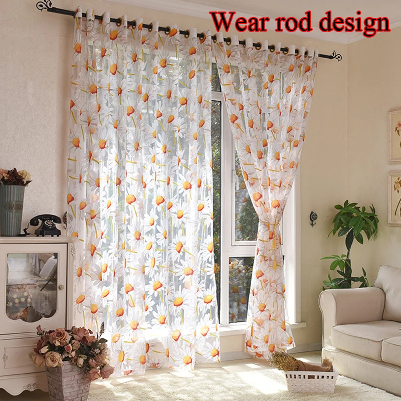 

Fashion Translucent Sunflower Curtains Floral Pattern Sheer Voile Panel Drapes Curtains Living Room Beautiful Window Screens