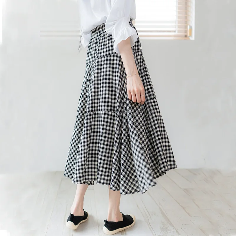 

Grid skirt women's spring and summer style ins fashion thin grid high waist large size pleated skirt irregular a word long skirt