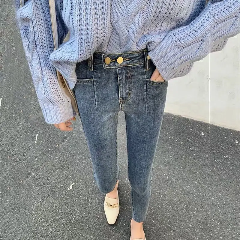 Эластичные джинсовые брюки женские модная уличная одежда зимние корейские