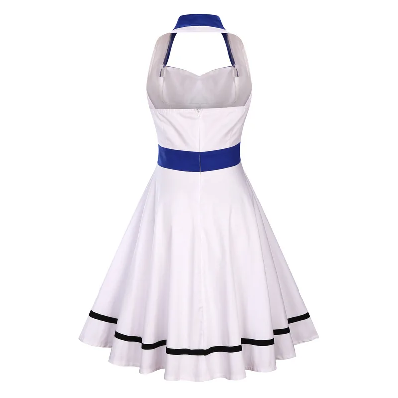 Женское платье в стиле Хепберн белое или зеленое с матросским воротником лямкой