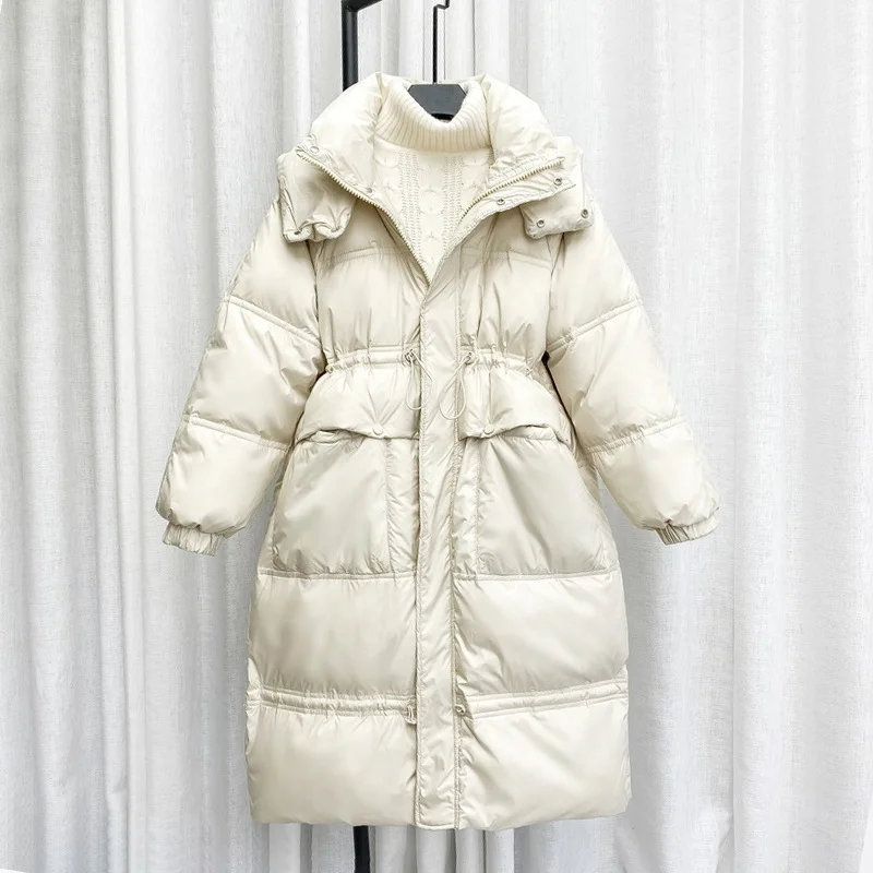 

Blue Black Red Drawcord Hooded Down Jacket Loose Large Size Long Coat Thick Fashion White Duck Down Winter Jacket Women