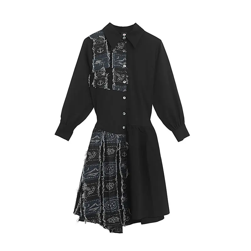 

XITAO Asymmetrical Print Splicing Dress Autumn New Fashion Loose Long Sleeve Turn-down Collar Fold Shirt Dress 2021 WMD2710