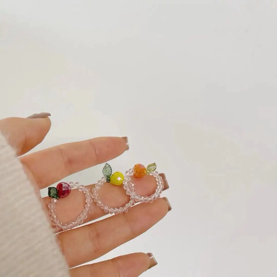 

Korean INS Trendy Fruit Leave Ring Transparent Bead Pearl Colorful Resin Pendant Adjustable Rings for Women Girls Party Jewelry