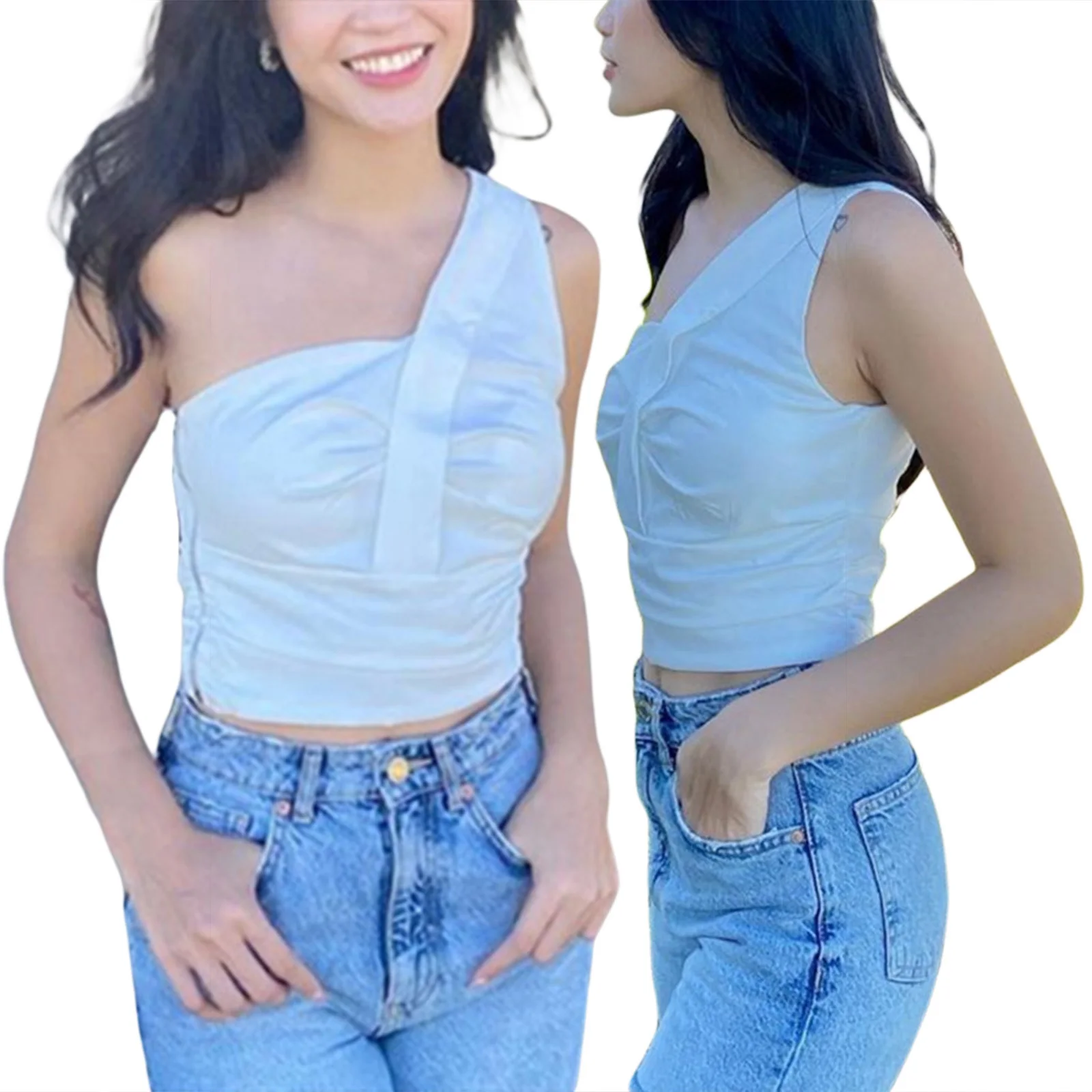 

Women Summer Crop Tank Tops, Solid Color Single-Shoulder Ruffled Sleeveless Tight Vest for Girls, White