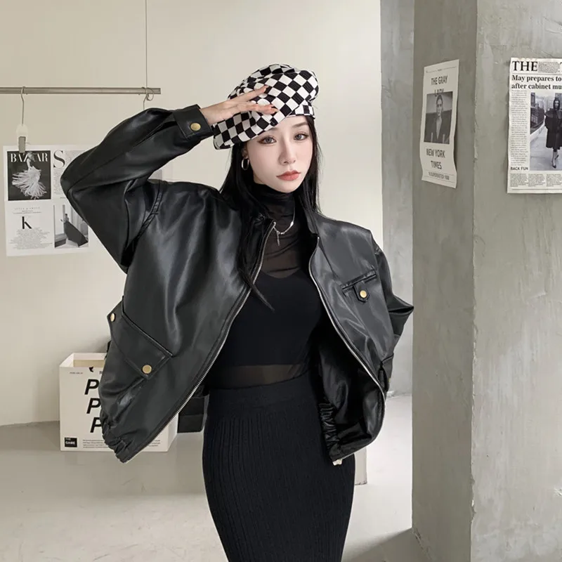 Осенние винтажные женские пальто из искусственной кожи с отворотом и двойными