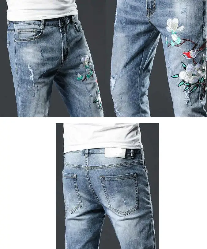 2021 Men's Jeans Stretch Light Blue Embroidery Jeans Men Tide Brand Slim Fit Classic Denim Pants Men's Thin Jeans