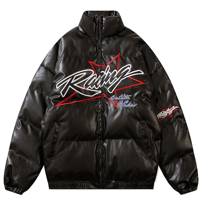 

Mens PU Leather Parkas Jacket Unisex Winter Harajuku Thick Warm Baseball Coats Parkas Loose Letter Embroidery Hipster Streetwear