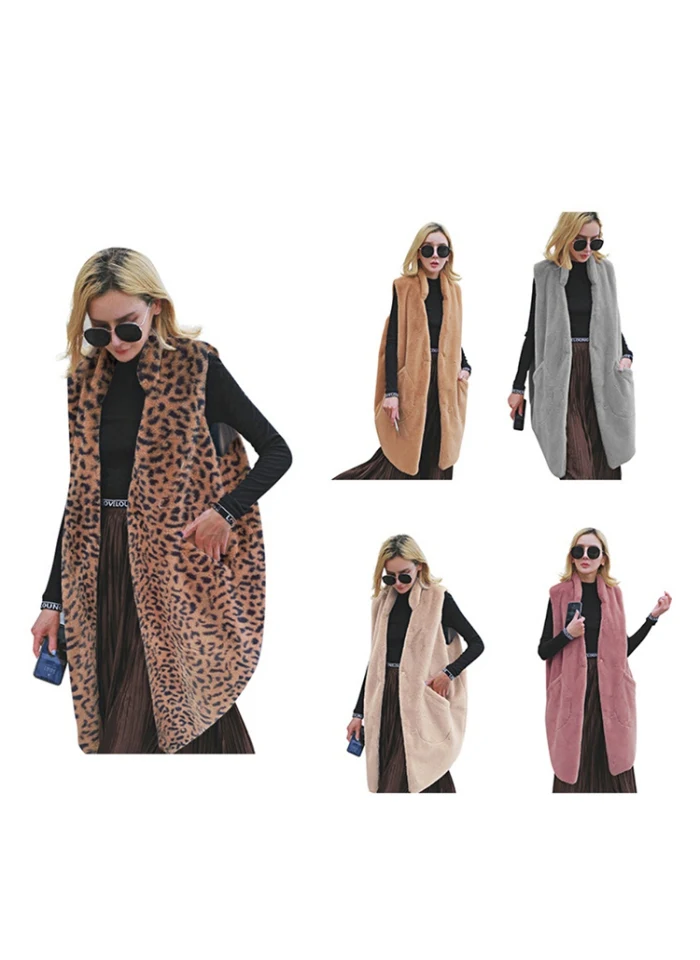 

Fur Coat Women Winter Fashion Solid Color Loose Mid-length Sleeveless Plus Size Warm Faux Fur Vest Casual All-match Coat x