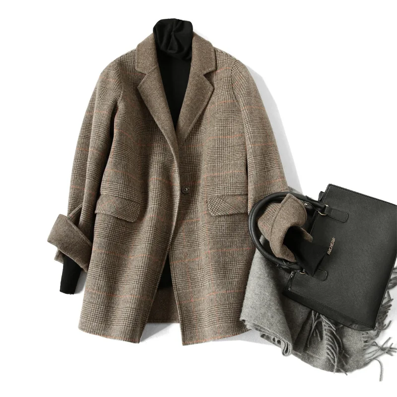 Hand-sewn wool double-faced fleece jacket, plaid coat, women's suit, new autumn and winter woolen women's clothing