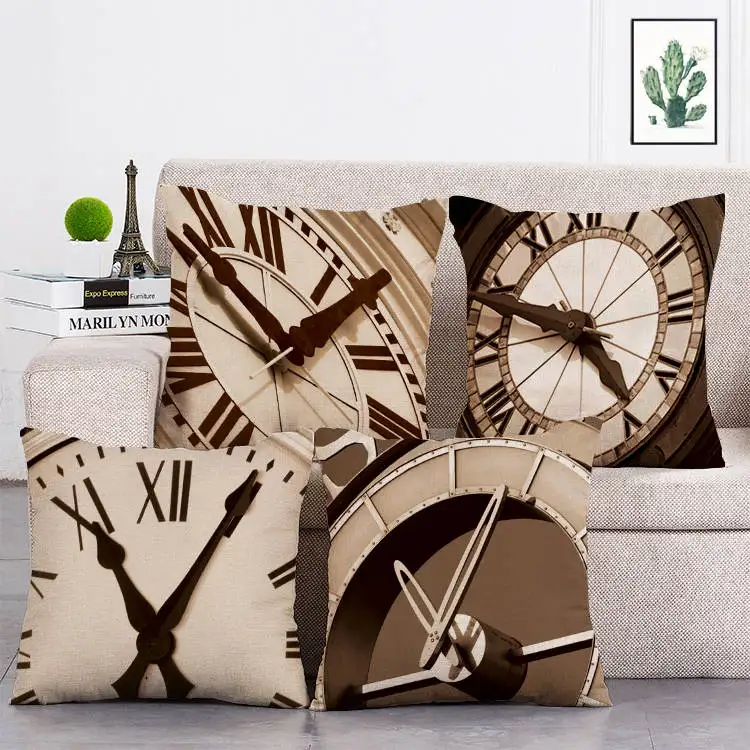 Vintage Sewing Machine Clock Cushion Cover Home Hotel Decor Cojines Throw Pillow Square 45*45cm Car Seat Linen Cotton T177