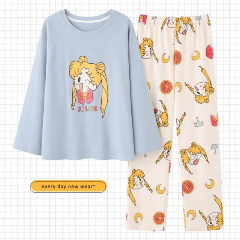 

Tonngirls Sailor Moon Print Pajamas Set Women Long Sleeve Cotton Sleepwear Female Mujer Pijamas Autumn Spring Loose Homewear