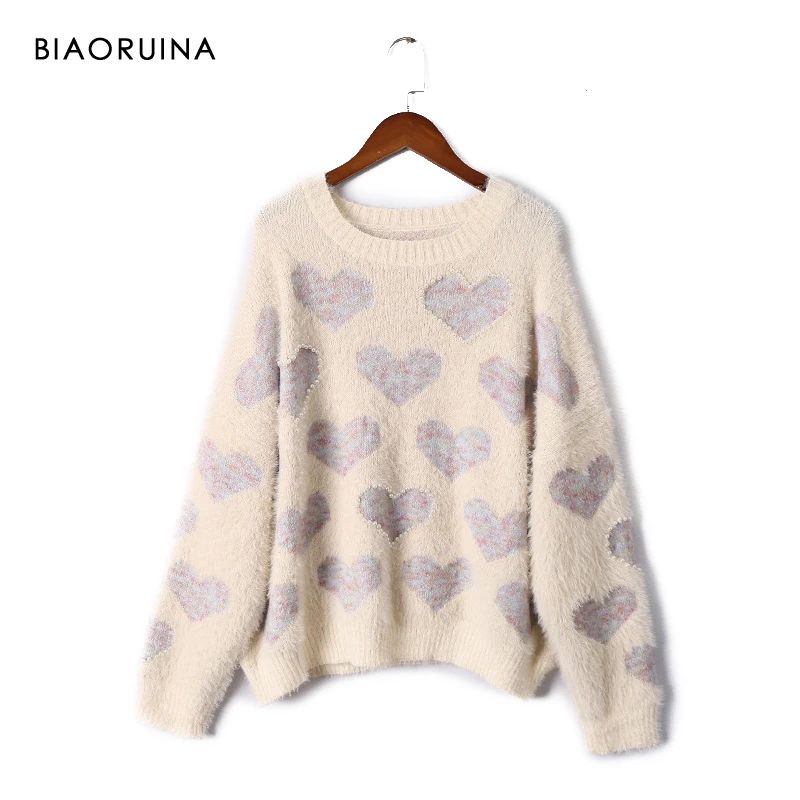 BIAORUINA Women's Heart Jacquard Beading Fluffy Thick Warm Knit Pullover O-neck Female Oversized Sweet Winter Sweater One Size | Женская
