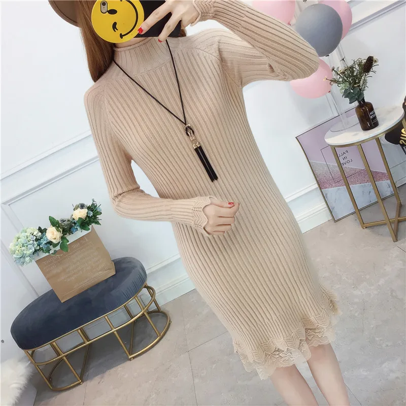 Femme Lace Splice Knitted Dress Women 2020 Autumn Winter Knitting Turtleneck Long Sleeve Warm Sweater New Z607 | Женская одежда