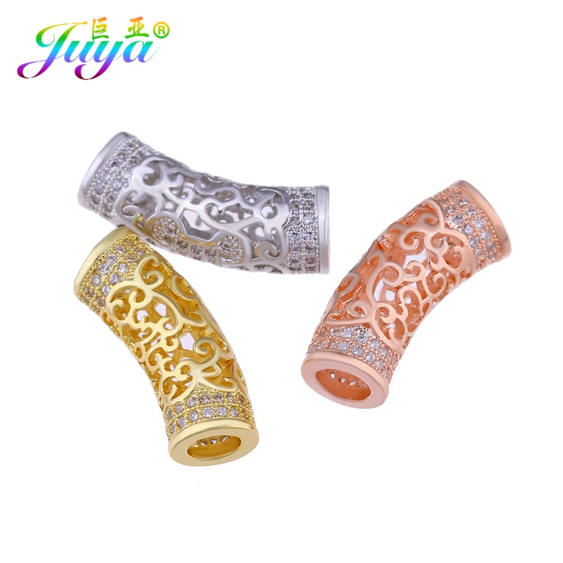 Juya DIY золотые/серебряные/розовые золотые разделительные бусины, поставки, микро проложенные циркониевые изогнутые трубчатые бусины для изготовления ювелирных изделий из натурального камня и жемчуга