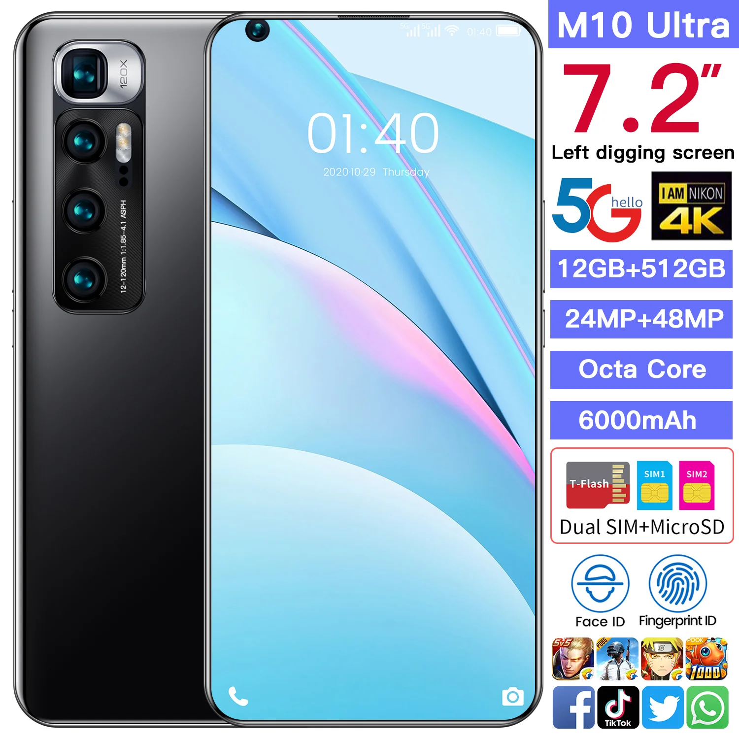 

7.2inch Left Digging Screen 5G Smartphone with 12GB+512GB Large Memory for Xiaomi 10 Ultra Cellphone Huawei Samsung Mobile Phone