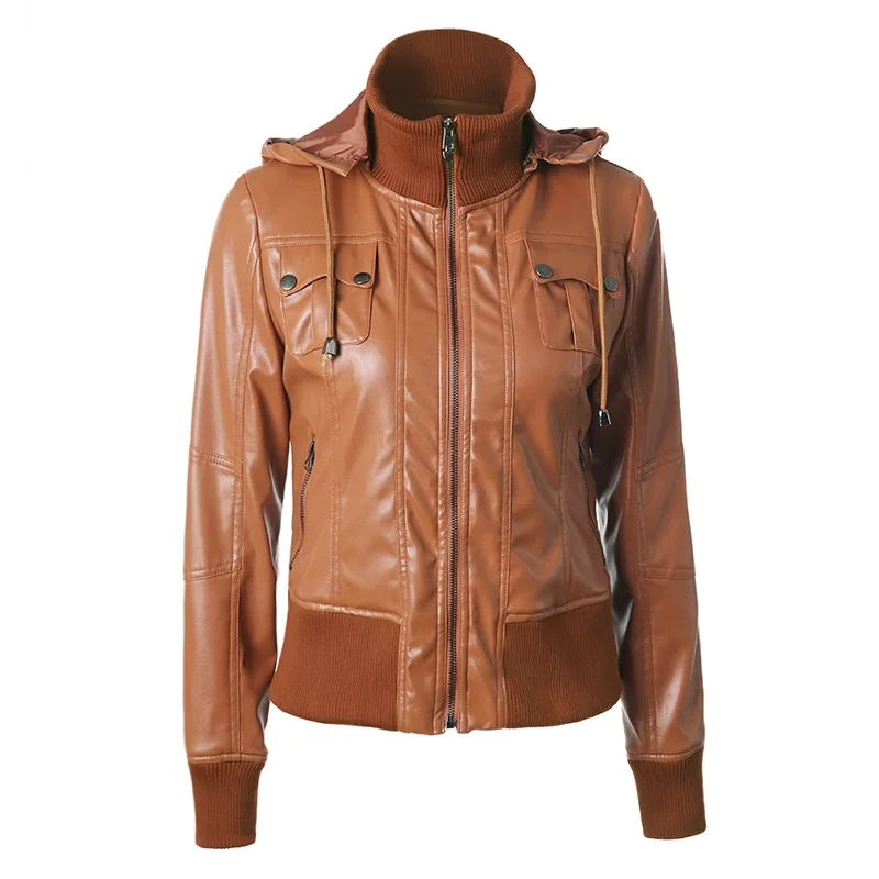 

Spring and autumn new European and beautiful women rib stitching hooded high neck zipper Pu leather motorcycle jacket coat