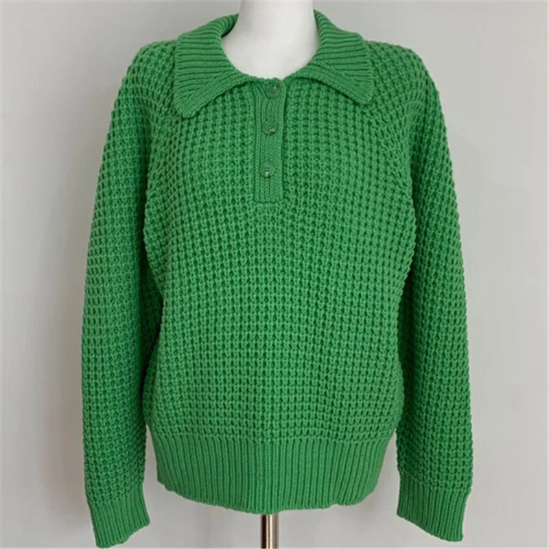 Элегантный винтажный вязаный свитер с узором женская мода три пуговицы отложной